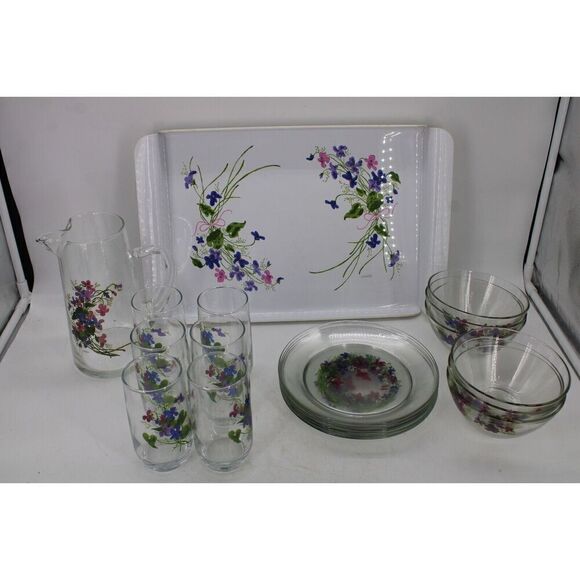 20 pc set of Avon Wild Violets Crystal Clear Glass W/ RARE MATCHING TRAY - Picture 1 of 13